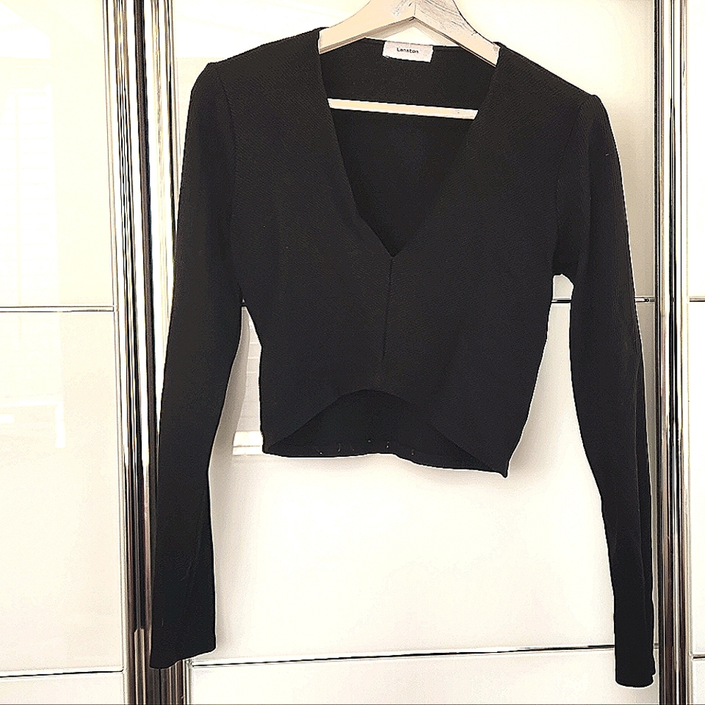 Black, ribbed, crossover, crop top, small, plunge neckline